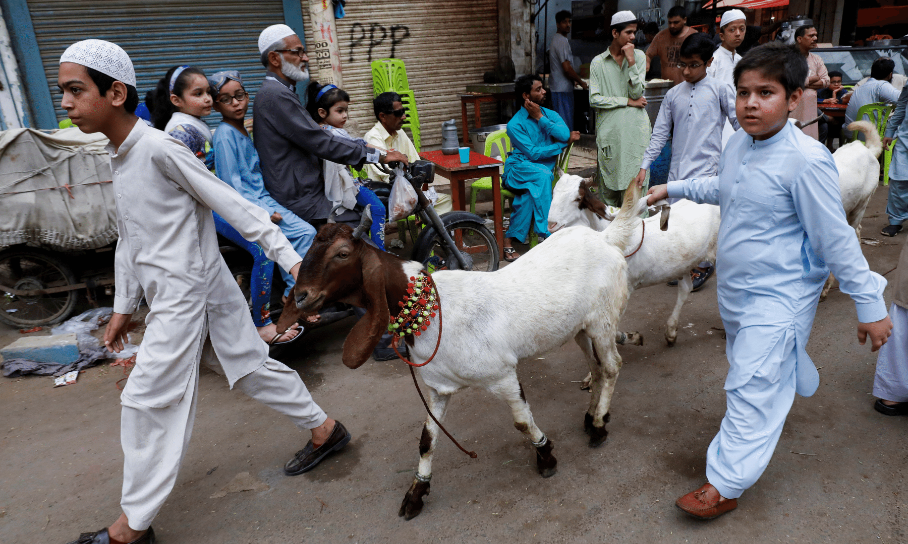 Children guide their goats before slaughter in Karachi. — Reuters
