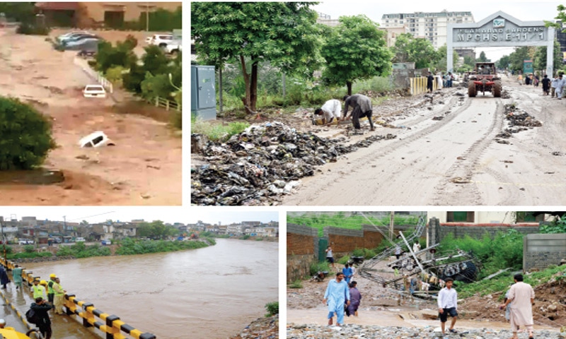 (Clockwise from top) Vehicles being swept away by the flash floods in E-11, sanitary workers clear waste from a road left behind by the gushing water, people walk past a fallen transformer while local administration officials monitor Leh Nullah from the Gawalmandi bridge in Rawalpindi on Wednesday. — Photos by Tanveer Shahzad & Mohammad Asim