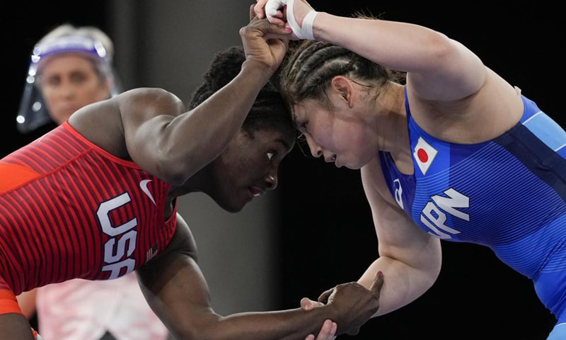 In this Aug. 2, 2021 file photo, United States' Tamyra Marianna Stock Mensah, left, and Japan's Sara Dosho compete during the women's 68kg freestyle wrestling match at the 2020 Summer Olympics in Chiba, Japan. — AP/File