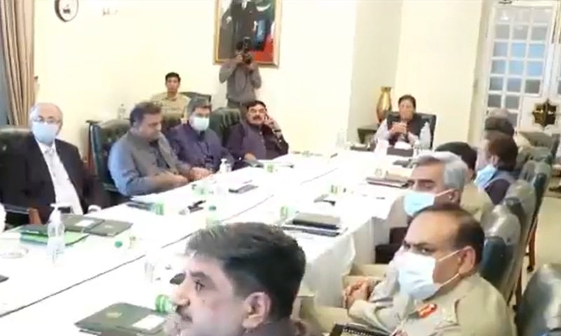 A screengrab from the video of a meeting presided over by Prime Minister Imran Khan on Thursday to review the law and order situation in the country and the implementation status of the 2014 National Action Plan. — Photo courtesy Prime Minister's Office Twitter