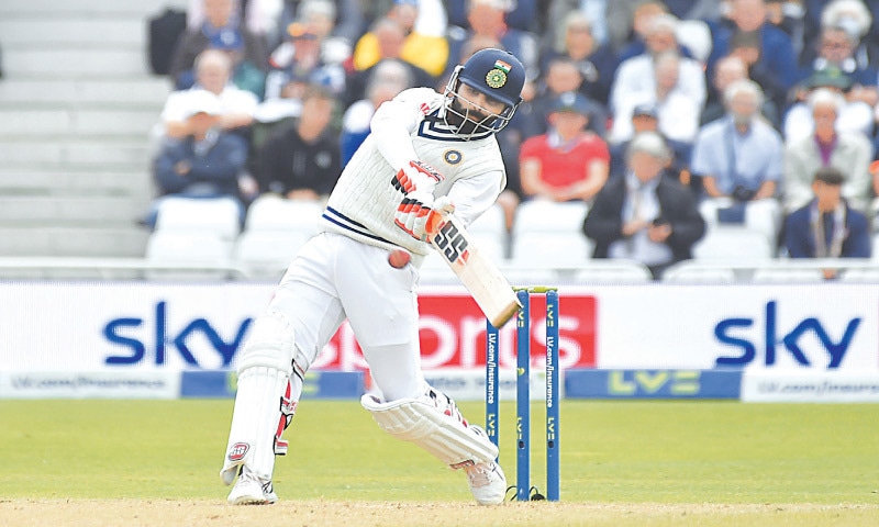 NOTTINGHAM: India all-rounder Ravindra Jadeja hits out during the first Test against England at Trent Bridge on Friday.—AP NOTTINGHAM: India all-rounder Ravindra Jadeja hits out during the first Test against England at Trent Bridge on Friday.—AP