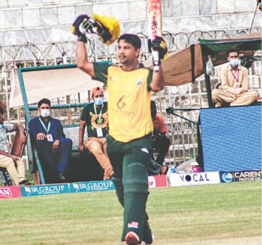 MUZAFFARABAD: Muzaffarabad Tigers’ opener Zeeshan Ashraf celebrates reaching his century against Kotli Lions in their KPL match on Tuesday.