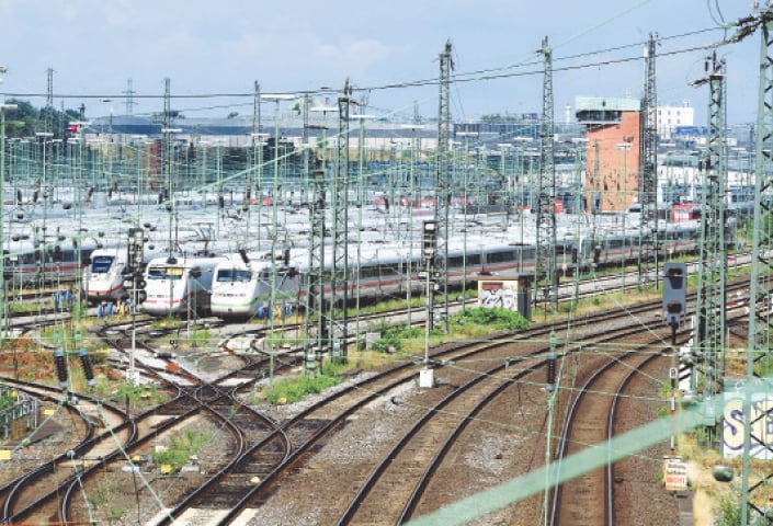 HAMBURG: Locomotives of an inter-city train stand on the tracks during the strike called by Germany&rsquo;s train drivers&rsquo; union.&mdash;Reuters