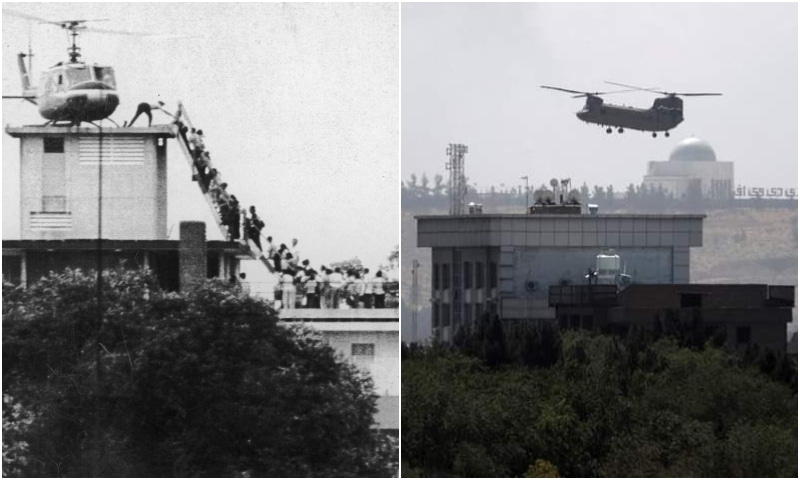 This combination photo shared by Human Rights Minister Shireen Mazari shows Americans being evacuated by helicopters in Vietnam's Saigon in 1975 (left) and Kabul in Afghanistan (right) this week. — Photos courtesy: Shireen Mazari Twitter