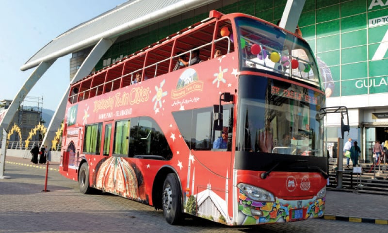 A double-decker bus at Centaurus Mall in Islamabad. &mdash; White Star