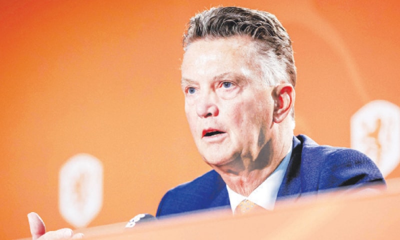 LOUIS van Gaal gestures during a news conference as he is presented at the coach of the Dutch national team on Tuesday.—AFP