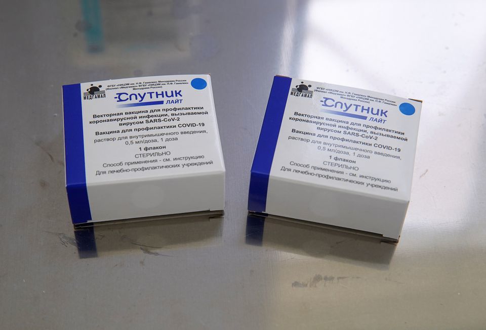 Boxes containing vials with the one-dose Sputnik Light vaccine against the coronavirus. &mdash; Reuters/File