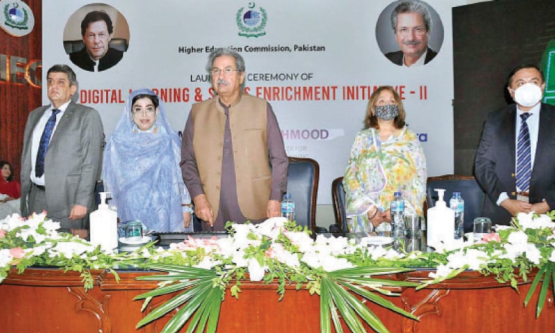 Education Minister Shafqat Mahmood presses the button to launch Digital Learning and Skills Enrichment Initiative-II at a ceremony in HEC on Tuesday. — APP Education Minister Shafqat Mahmood presses the button to launch Digital Learning and Skills Enrichment Initiative-II at a ceremony in HEC on Tuesday. — APP