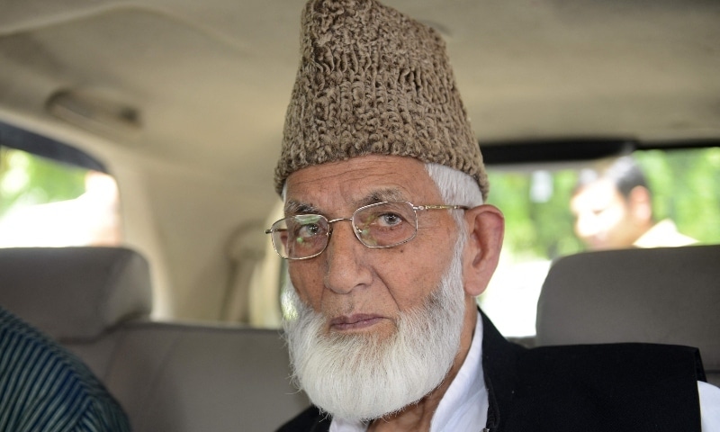 In this file photo taken on August 19, 2014 Kashmiri separatist leader Syed Ali Shah Geelani arrives at the Pakistan embassy in New Delhi. — AFP