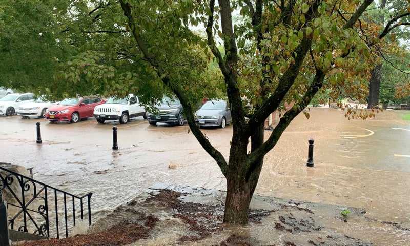 A flooded parking area is seen during flash floods in Emmitsburg, Maryland in this still image taken from video obtained from social media. &mdash; Reuters