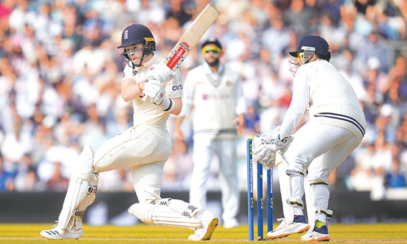 LONDON: England batsman Ollie Pope plays a shot during the fourth Test against India at The Oval on Friday. —AP