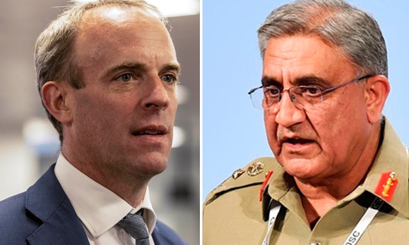 A combination photo of Britain's Foreign Secretary Dominic Raab (L) and Chief of Army Staff Gen Qamar Javed Bajwa (R). — Reuters/AFP