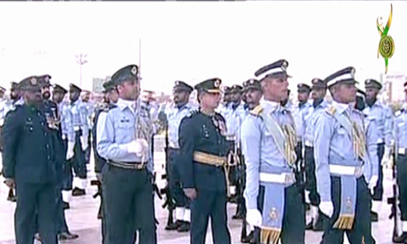 This screengrab shows the change of guard ceremony held at Quaid's mausoleum in relevance to the Defence Day. &mdash; DawnNewsTV
