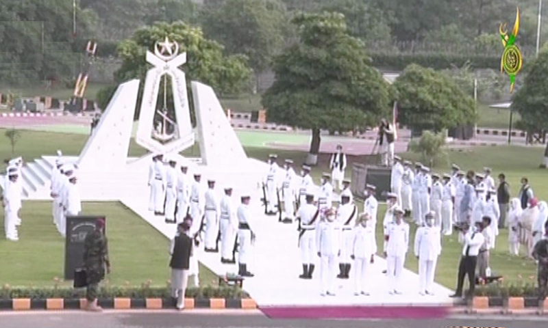 This screengrab shows the change of guard ceremony held at the Naval Headquarters  in relevance to the Defence Day. &mdash; DawnNewsTV