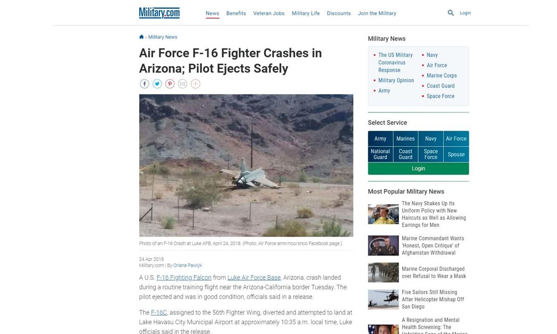 Screenshot of the news article in which the fighter jet's picture was used.