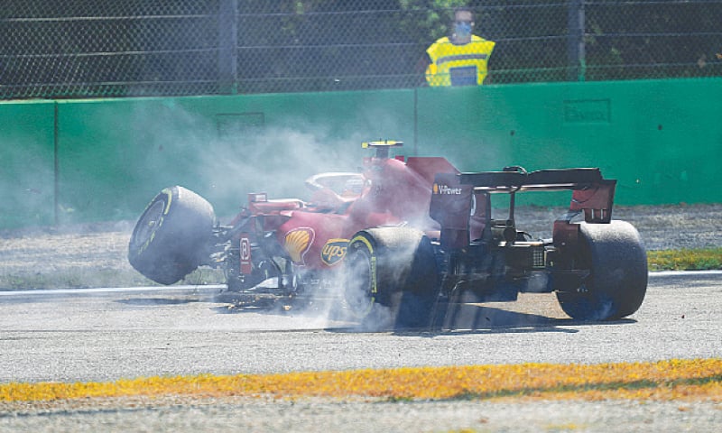 MONZA: Ferrari&rsquo;s Carlos Sainz of Spain steers his car after crashing during a free practice for the Italian Grand Prix at the Monza racetrack on Saturday.&mdash;AP