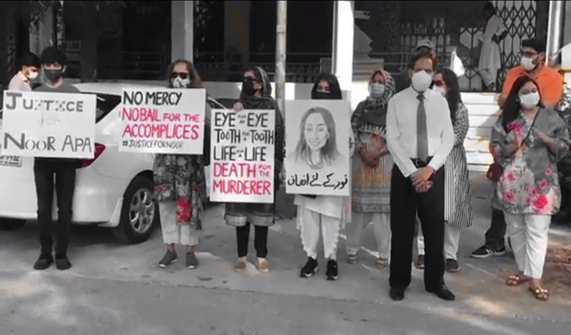 Friends of slain Noor Mukadam stage a protest outside the Islamabad High Court on Monday. — Photo by author