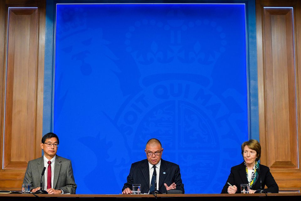 Chair of the Joint Committee on Vaccination and Immunisation Professor Wei Shen Lim, Britain's Deputy Chief Medical Officer Professor Jonathan Van-Tam, and Chief Executive of the Medicines and Healthcare Products Regulatory Agency June Raine, attend a media briefing on Covid-19 at Downing Street in London, Britain on September 14. — Reuters
