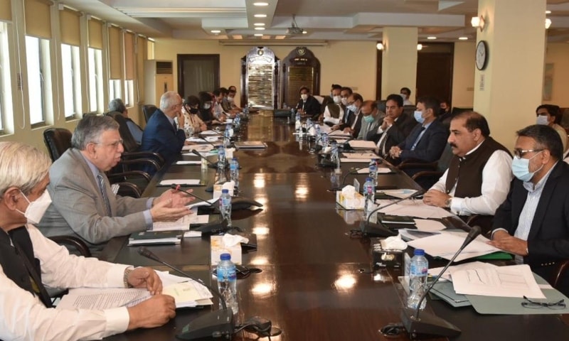 Finance Minister Shaukat Tarin chairs a meeting of the National Price Monitoring Committee on Wednesday. — Photo courtesy: PID