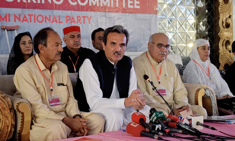 Awami National Party Senior Vice President and MNA from Mardan Amir Haider Hoti (second from left) addresses a press conference in Islamabad on Wednesday. — Photo courtesy ANP Twitter