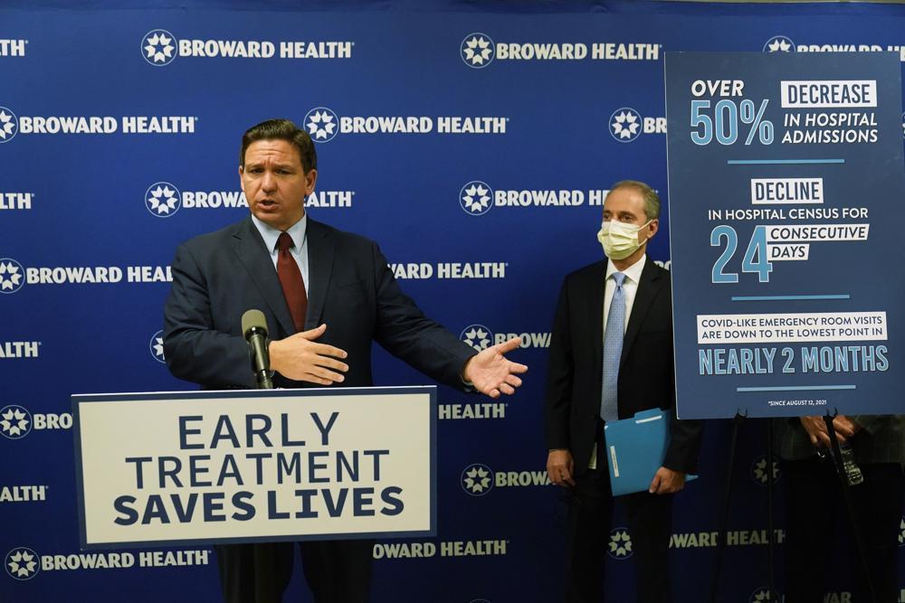 Florida Gov Ron DeSantis, left, speaks at a news conference alongside Broward Health CEO Shane Strum at the Broward Health Medical Center in Fort Lauderdale, Florida, US on Sept 16. — AP