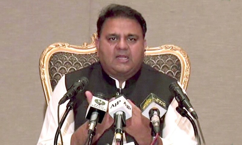 In this file photo, federal Minister for Information and Broadcasting Fawad Chaudhry addresses a press conference in Islamabad. — DawnNewsTV/File