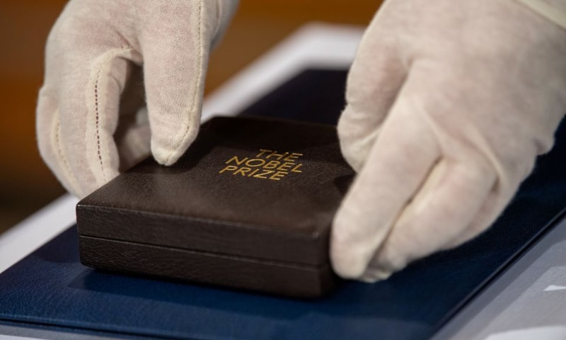 The box containing the Nobel Prize medal in physics is pictured before being awarded to German scientist Reinhard Genzel in Munich, Germany, Dec 8, 2020. — Reuters/File