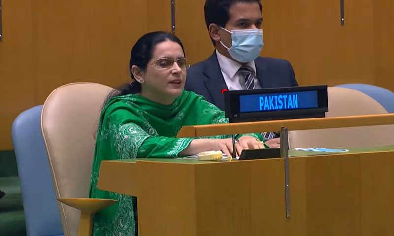 Pakistani representative Saima Saleem speaks at the United Nations General Assembly on Friday. — Screengrab courtesy: UN YouTube