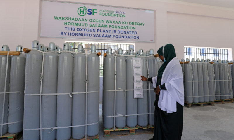 General Director of Banadir Hospital, Fartun Sharif inspects the medical oxygen cylinder tanks at the public oxygen plant, amid the coronavirus pandemic, at the Banadir Hospital in Mogadishu, Somalia. &mdash; Reuters