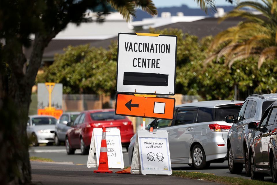 A vaccination centre sign directs the public during a lockdown to curb the spread of a coronavirus outbreak in Auckland, New Zealand, August 26. &mdash; Reuters