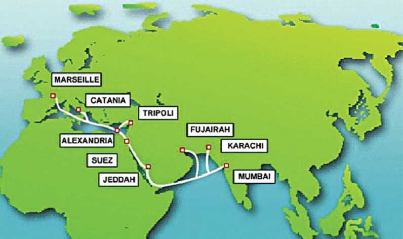 A map of the India-Middle East-Western Europe (IMEWE) submarine cable system which links Pakistan and India with Europe across several countries, including Saudi Arabia, Libya and Italy. — File/Dawn