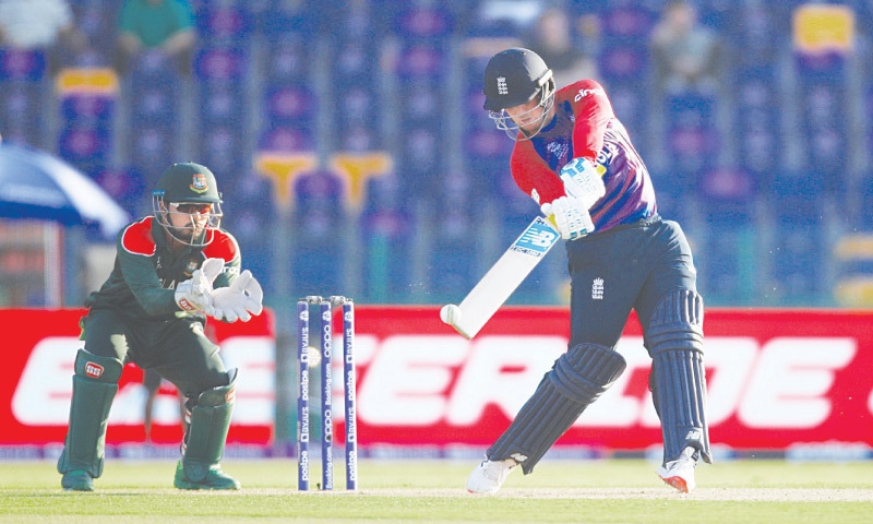 England opener Jason Roy hits out during the Group I match against Bangladesh at the Sheikh Zayed Cricket Stadium on Wednesday. —Reuters