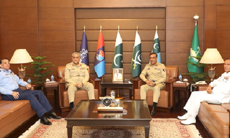 Chairman Joint Chiefs of Staff Committee Gen Nadeem Raza meets the three services chiefs — Chief of the Army Staff Gen Qamar Bajwa, Chief of the Naval Staff Admiral Amjad Khan Niazi, and Chief of the Air Staff Air Chief Marshal Zaheer Ahmad Babar Sidhu on Thursday. — Photo courtesy Radio Pakistan