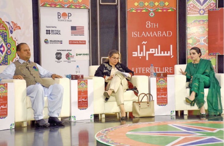 Mushaal Hussein Malick takes part in a discussion on the topic ‘Kashmir: Politics and Power’ on the second day of the Islamabad Literature Festival on Saturday. Senior journalist Nasim Zehra and former AJK prime minister Sardar Attique Ahmed Khan are also present. — Online