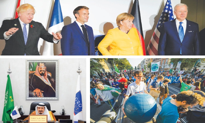 (Top) British Prime Minister Boris Johnson, French President Emmanuel Macron, German Chancellor Angela Merkel and US President Joe Biden pose for a photo during the summit. (Below left) Saudi King Salman attends the summit via videoconference. (Below right) Factory workers, climate activists, feminist groups and vaccine sceptics seize the opportunity to voice anger in the presence of major world leaders in Rome.—Agencies