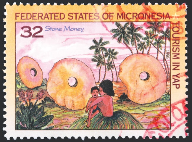 A 32-cent stamp shows stone disks called rai stones, which were used as currency some 500 years ago on a small island group called Yap