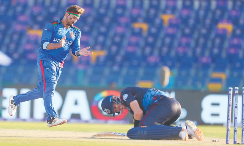 ABU DHABI: Afghanistan pacer Hamid Hassan celebrates after dismissing Namibia captain Gerhard Erasmus during their Group II match at the Sheikh Zayed Cricket Stadium on Sunday.&mdash;AP