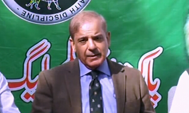 PML-N President Shehbaz Sharif speaks at a gathering in Dera Ghazi Khan on Monday. &mdash; DawnNewsTV