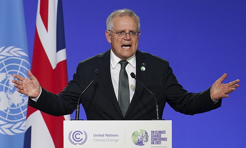 Prime Minister of Australia Scott Morrison delivers an address, during the COP26 Summit, at the SECC in Glasgow, Scotland on Nov 1. — AP/File