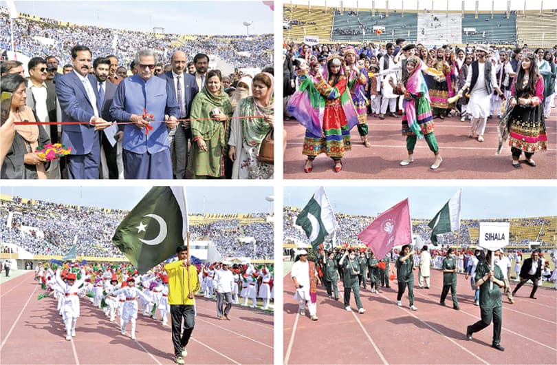 (Clockwise from top) Federal Minister for Education and Professional Training Shafaqat Mahmood cutting the ribbon to inaugurate FDE Annual Inter-Zonal Games at Pakistan Sports Complex, students participating in a tableau and march past. — APP