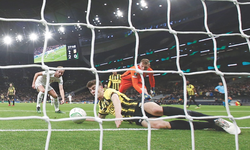 LONDON: Vitesse Arnhem&rsquo;s Jacob Rasmussen (C) scores an own goal against Tottenham Hotspur during their Europa Conference League clash.&mdash;Reuters