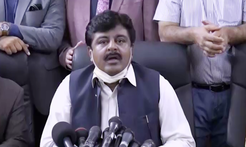 In this file photo, Sindh Education Minister Syed Sardar Ali Shah addresses a press conference in Karachi. &mdash; DawnNewsTV/File