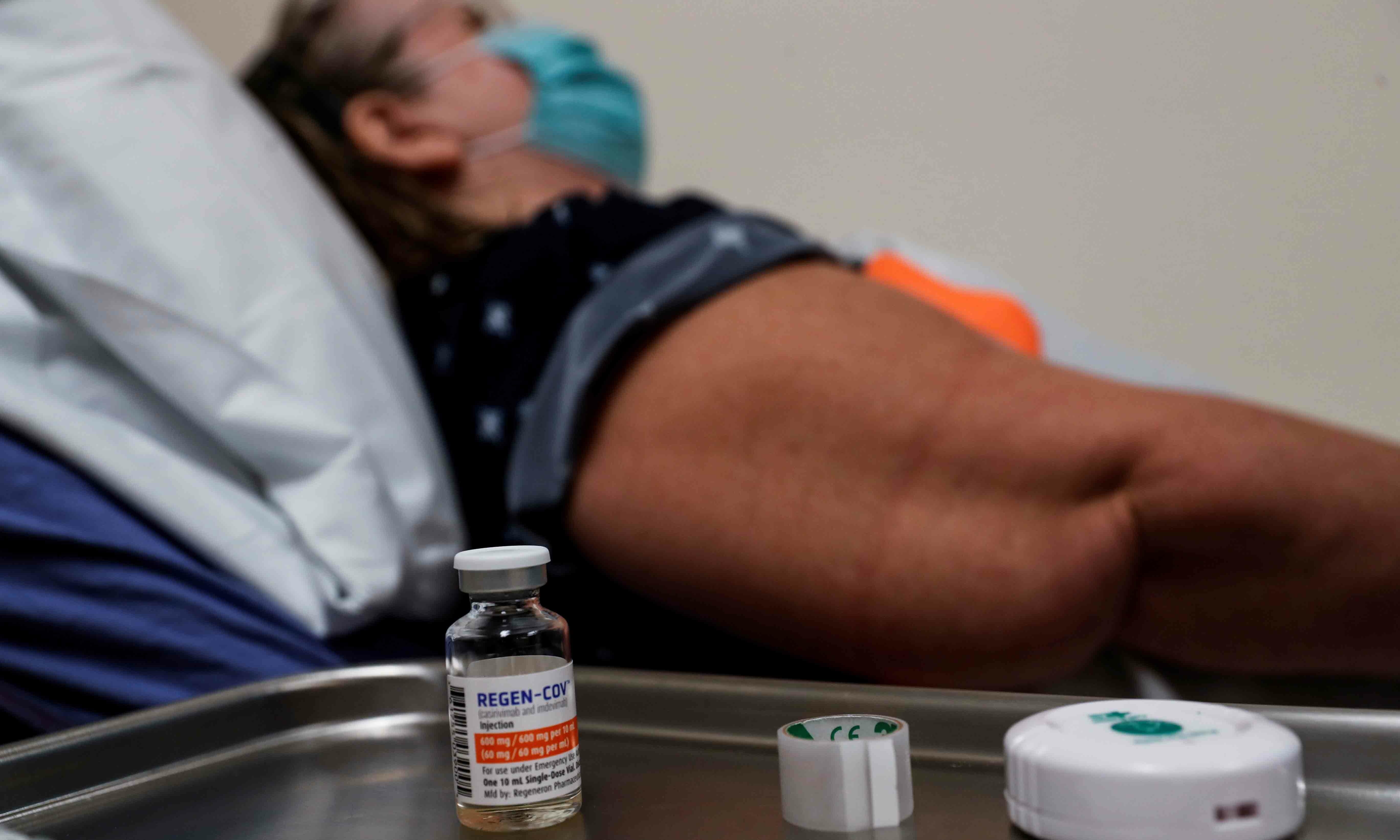 The Regeneron monoclonal antibody sits on a medical table as a registered nurse attempts to find a vein to administer it to a patient at the Sarasota Memorial Urgent Care Centre in Sarasota, Florida on September 23. &mdash;Reuters