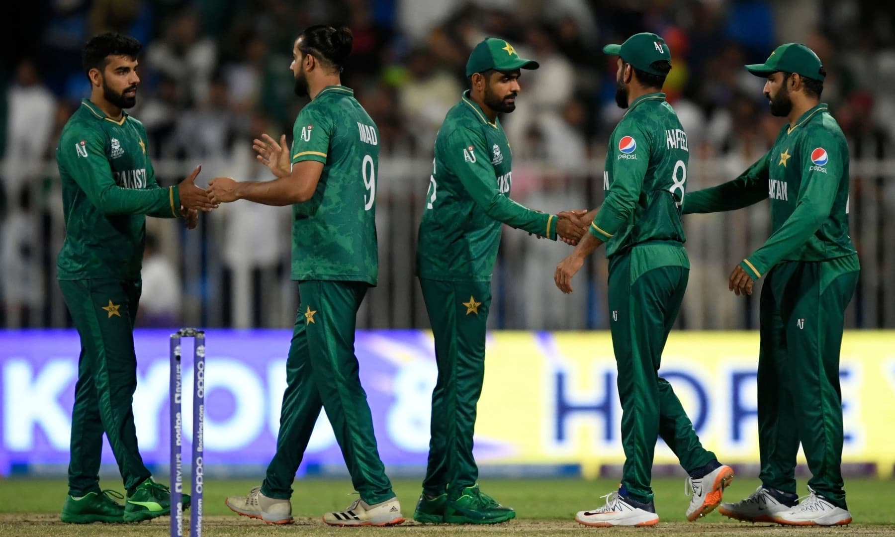 Pakistan's players celebrate their win in the ICC men’s Twenty20 World Cup cricket match between Pakistan and Scotland at the Sharjah Cricket Stadium in Sharjah, UAE on November 7, 2021. — AFP