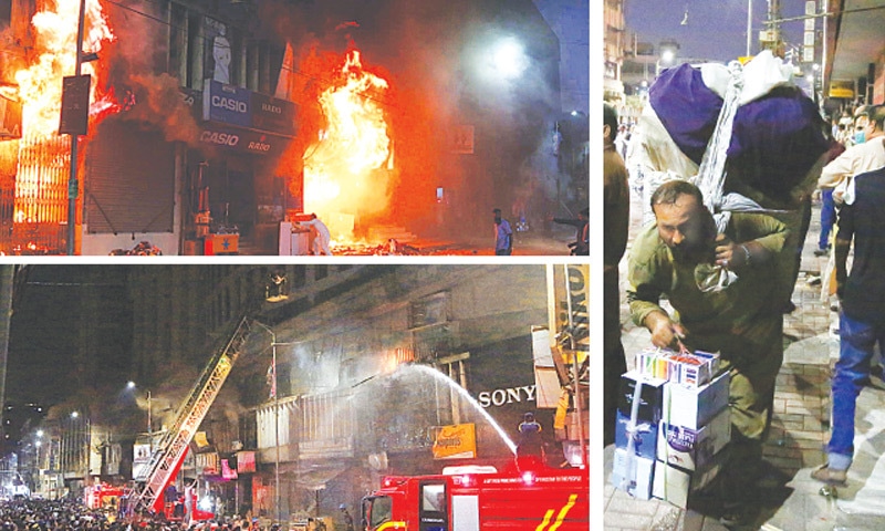 (Clockwise) Flames devour portions of the market exterior as a man takes away valuables from his shop towards safety; a fire engine sprays water to put out the blaze that broke out at the Saddar Cooperative Market on Sunday.— PPI / Shakil Adil / White Star