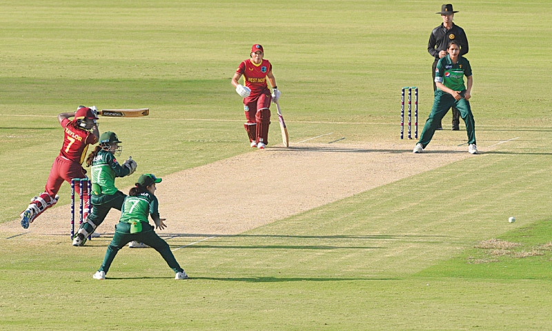 KARACHI: West Indies skipper Stefanie Taylor cuts during her century in the third and final women&rsquo;s One-day International against Pakistan at the National Stadium on Sunday.&mdash;Tahir Jamal/White Star