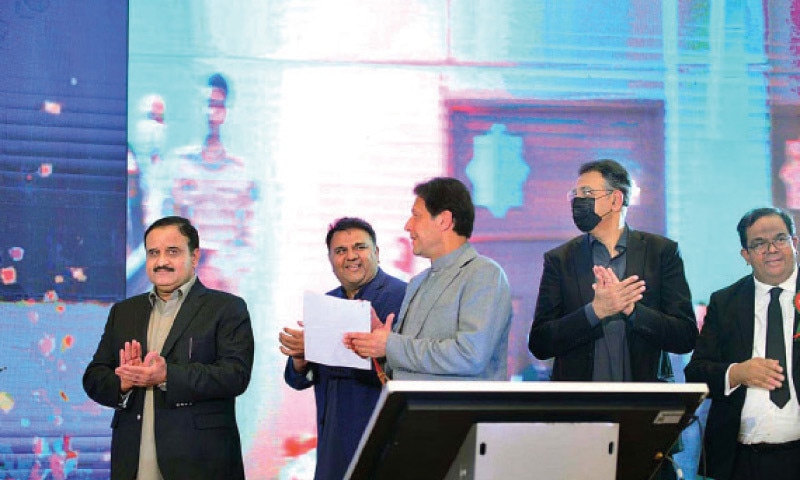 Prime Minister Imran Khan performs the ground-breaking of the Lillah-Jhelum Dual Carriageway on Tuesday. Punjab Chief Minister Sardar Usman Buzdar, Information Minister Fawad Chaudhry and Minister for Planning Asad Umar are also present. &mdash; APP