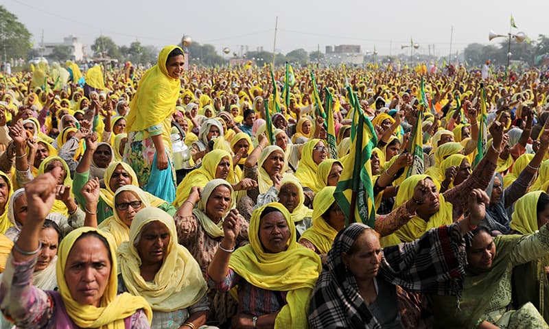 NEW DELHI: Farmers gather at Pakora Chowk on Friday to mark the first anniversary of the start of their protests against farm laws.&mdash;Reuters