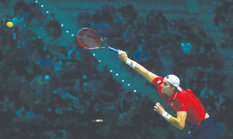 TURIN: John Isner of the US in action during his match against Italy’s Jannik Sinner at the Davis Cup Finals.—Reuters