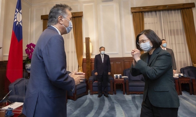 US Representative Mark Takano, left, is greeted by Taiwanese President Tsai Ing-wen at the Presidential Office in Taipei, Taiwan on November 26. Five American lawmakers met with her in a visit intended to reaffirm US support for the self-ruled island. — AP